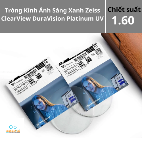Tròng Kính Ánh Sáng Xanh Zeiss ClearView DuraVision Platinum UV 1.60